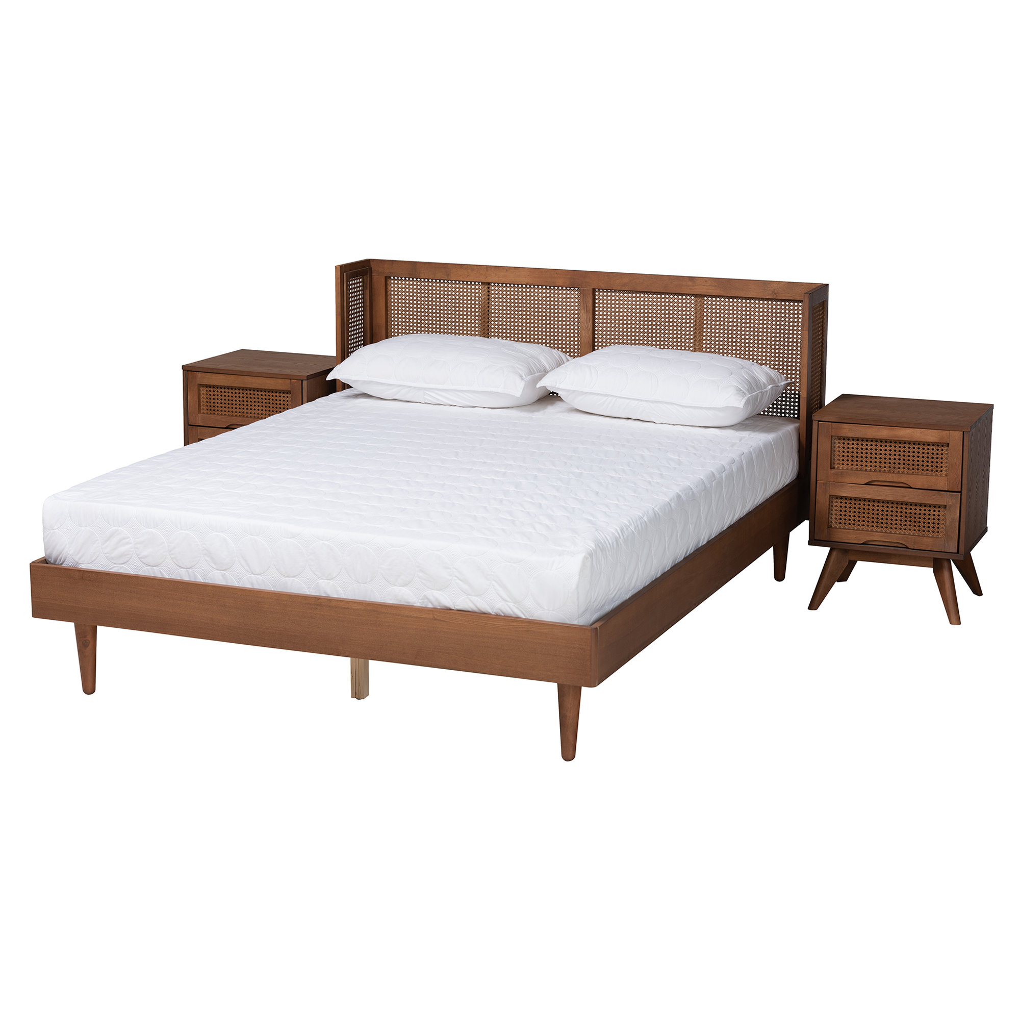 Baxton Studio Rina Mid-Century Modern Ash Walnut Finished Wood 3-Piece King Size Bedroom Set with Synthetic Rattan